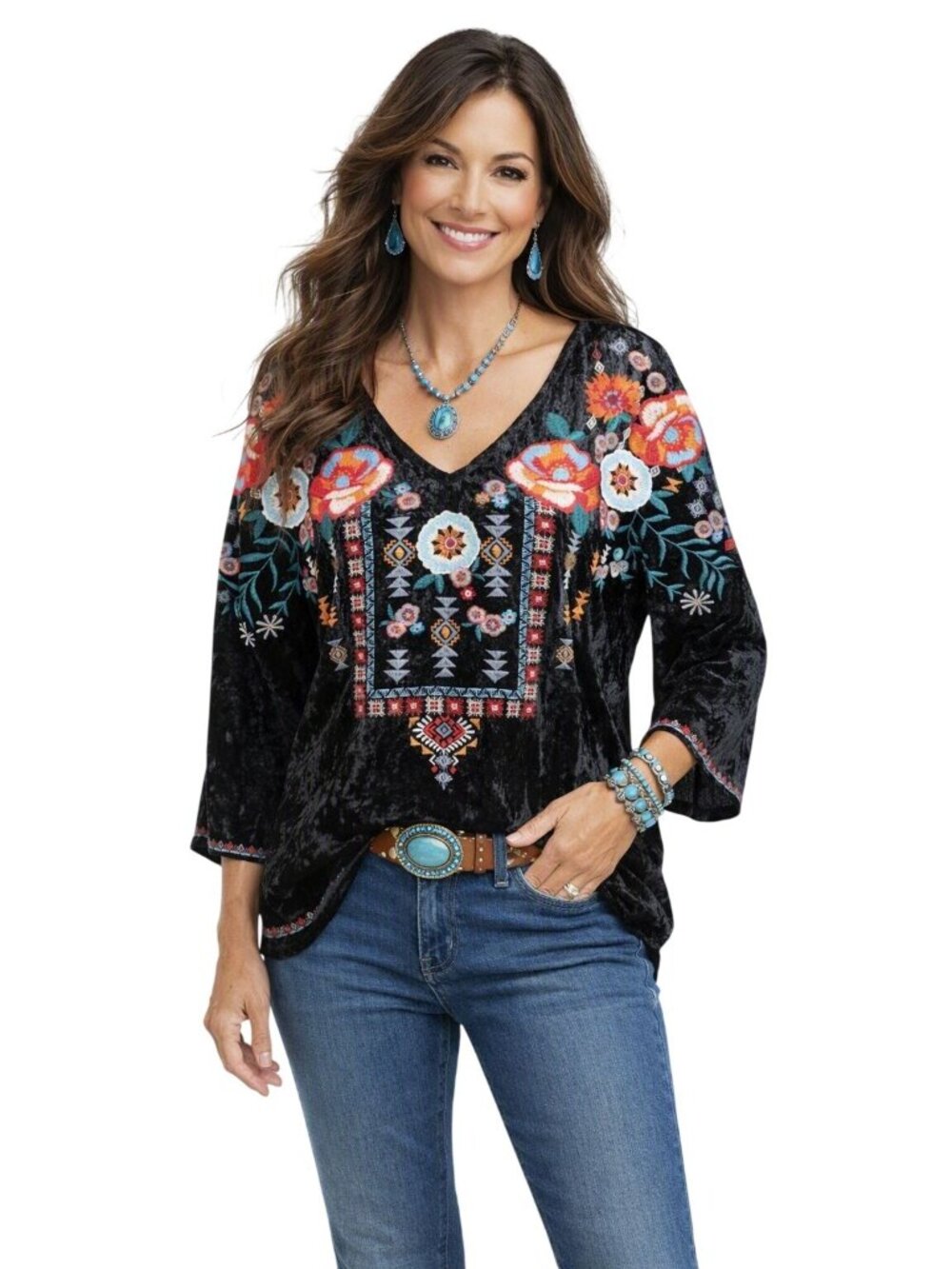 John Mark Black Velvet Boho Artsy Southwestern Floral Embroidered Tunic Top L/XL